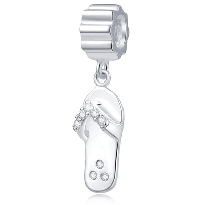 Beach Flip Flop Slipper Pendant Charms Fit Pandora Summer Bracelet 925 Sterling Silver Dangle Slipper Shoe with CZ Beads Gifts for Sister/Travel Souvenir/Honeymoon